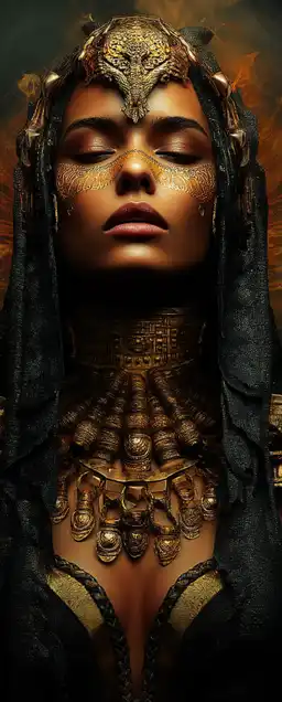 a female egyptian pharao dressed with classic gold jewelry