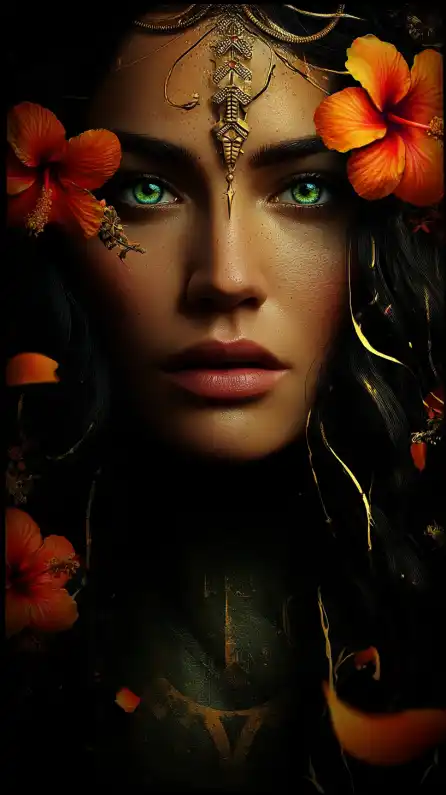a hawaiian beauty girl with bright green eyes and flowers in her hair