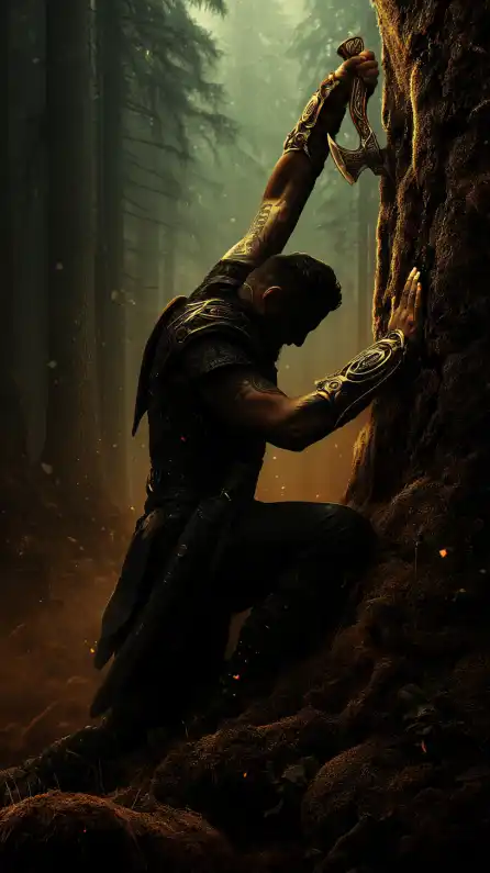 a warrior striking his axe into a tree in the forrest