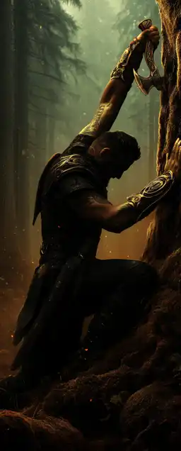 a warrior striking his axe into a tree in the forrest