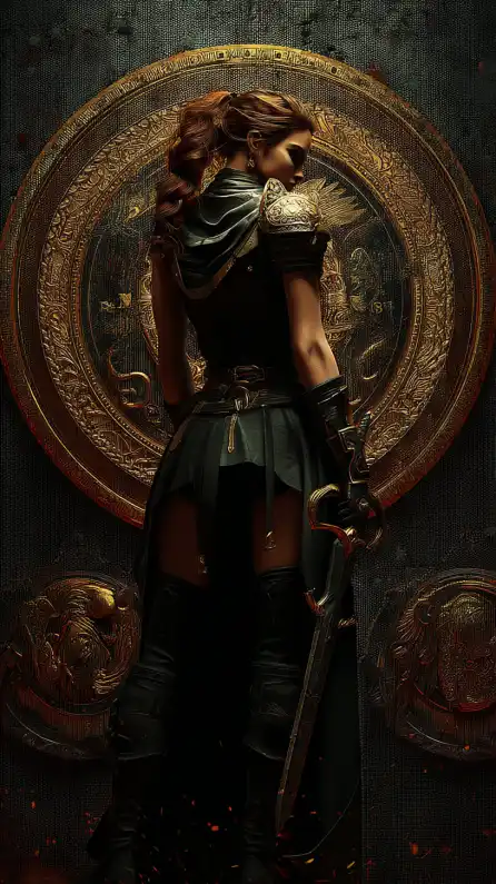 a female warrior standing infront of a wall with emblems