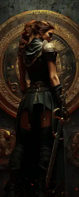 a female warrior standing infront of a wall with emblems