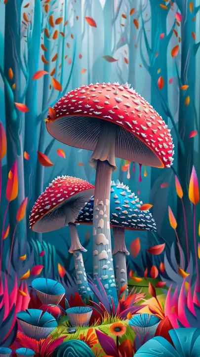 macro shot of a glowing mushrooms standing in a colorful forrest