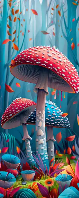 macro shot of a glowing mushrooms standing in a colorful forrest