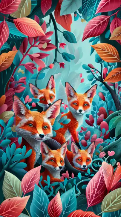 a group of young foxes playing inside the forrest