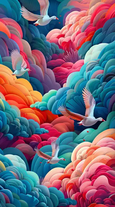 a group of goose flying in a group trough lush pink clouds