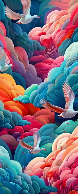 a group of goose flying in a group trough lush pink clouds