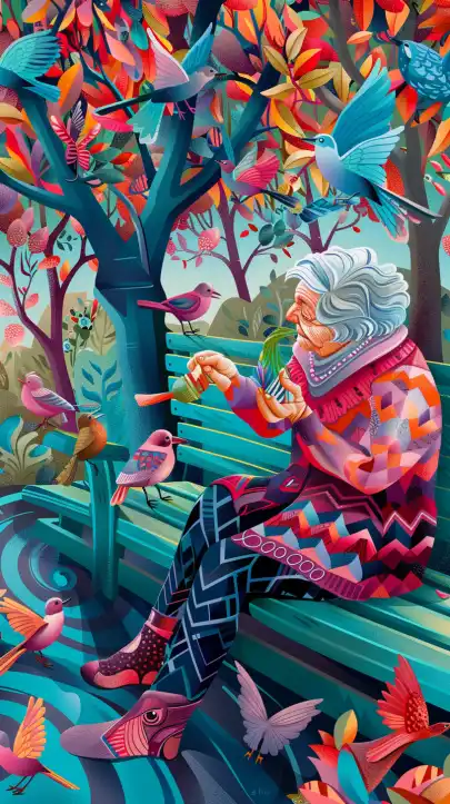 an old woman sitting on a park bench feeding the pidgins