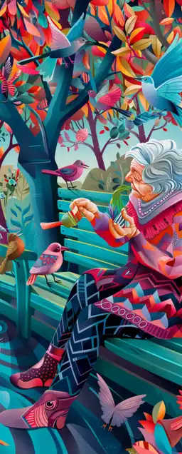 an old woman sitting on a park bench feeding the pidgins