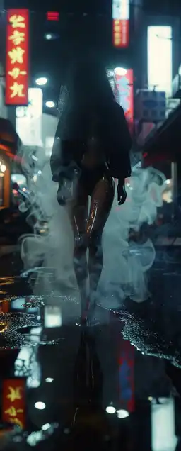 A top-ranked cyberpunk aesthetic code that produces moody, high-contrast visuals with futuristic tech vibes. It often delivers dark, neon-lit scenes or portraits with dramatic lighting – perfect for dystopian cityscapes, cybernetic characters, or rainy neon streets. The style leans toward a “photograph at night” feel with glistening reflections and deep shadows, adding instant cyberpunk flair.