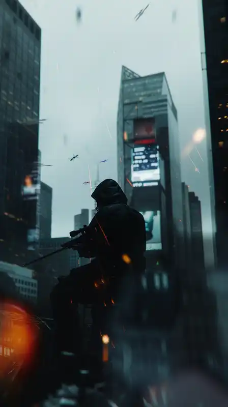 A female cyborg bounty hunter walking through a rain-drenched back alley, neon signs flickering in Kanji, glowing smoke curling around her legs, reflective puddles showing distorted holograms, intense magenta and cyan tones