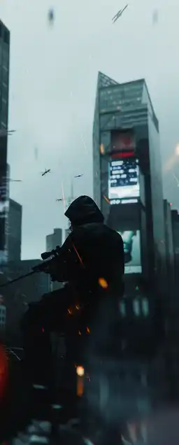 A female cyborg bounty hunter walking through a rain-drenched back alley, neon signs flickering in Kanji, glowing smoke curling around her legs, reflective puddles showing distorted holograms, intense magenta and cyan tones