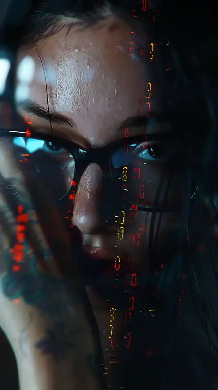 A rooftop sniper overlooking a cyberpunk megacity, digital billboards lighting his scope, purple mist surrounding skyscrapers, sparks from distant construction drones falling like fireflies, high contrast with deep shadows