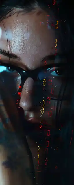 A rooftop sniper overlooking a cyberpunk megacity, digital billboards lighting his scope, purple mist surrounding skyscrapers, sparks from distant construction drones falling like fireflies, high contrast with deep shadows