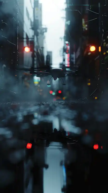 A futuristic police drone hovering in a narrow Tokyo alley, headlights slicing through mist, steam rising from street vents, dripping wires hanging from buildings, pink neon reflected in shattered glass