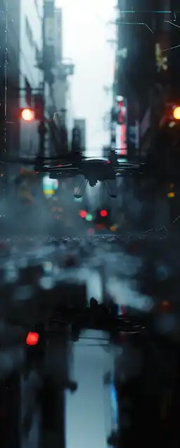 A futuristic police drone hovering in a narrow Tokyo alley, headlights slicing through mist, steam rising from street vents, dripping wires hanging from buildings, pink neon reflected in shattered glass