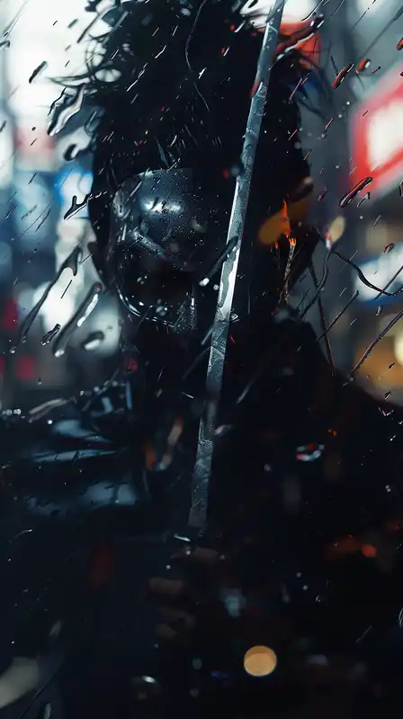 A cybernetic street samurai mid-sprint during a chase, blade drawn, chrome limbs reflecting city lights, passing by noodle stands and glowing shopfronts, rain bouncing off his armor