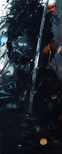 A cybernetic street samurai mid-sprint during a chase, blade drawn, chrome limbs reflecting city lights, passing by noodle stands and glowing shopfronts, rain bouncing off his armor