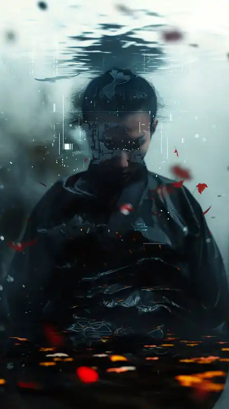 An old samurai shrine fused with cyberpunk tech, glowing circuitry running through aged wood, lone monk meditating under blue rain, with falling sakura petals digitized mid-air