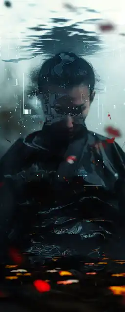 An old samurai shrine fused with cyberpunk tech, glowing circuitry running through aged wood, lone monk meditating under blue rain, with falling sakura petals digitized mid-air
