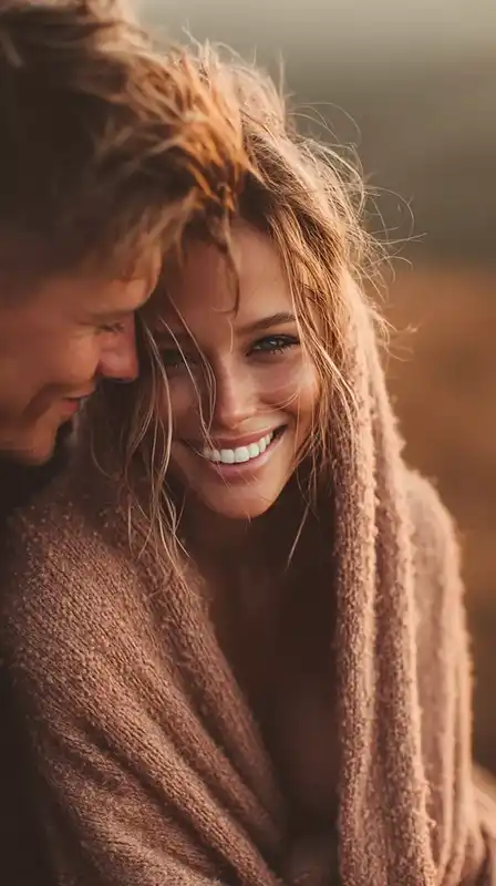 A young couple laughing together under a peach-colored sunset, wrapped in a single cozy blanket, hair backlit by soft golden light, grassy hill fading into warm haze behind them