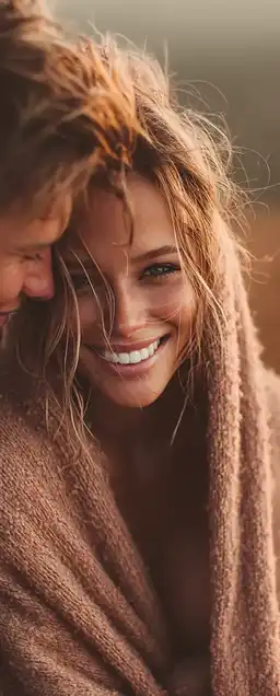 A young couple laughing together under a peach-colored sunset, wrapped in a single cozy blanket, hair backlit by soft golden light, grassy hill fading into warm haze behind them