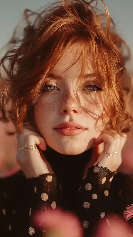 Portrait of a red-haired girl with freckles, standing in a flower field during golden hour, her face lit with soft, warm light and a faint pink sky in the distance