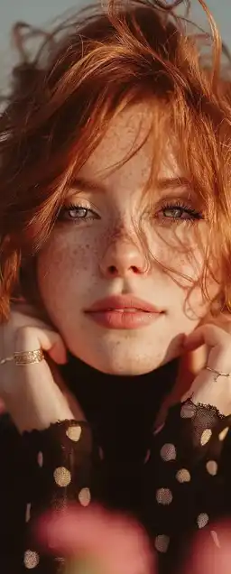 Portrait of a red-haired girl with freckles, standing in a flower field during golden hour, her face lit with soft, warm light and a faint pink sky in the distance