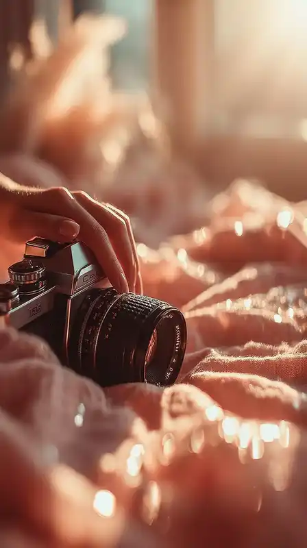 Close-up of a hand gently holding a vintage camera, resting on a pink linen blanket, golden light filtering through a nearby window, casting delicate shadows