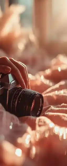 Close-up of a hand gently holding a vintage camera, resting on a pink linen blanket, golden light filtering through a nearby window, casting delicate shadows