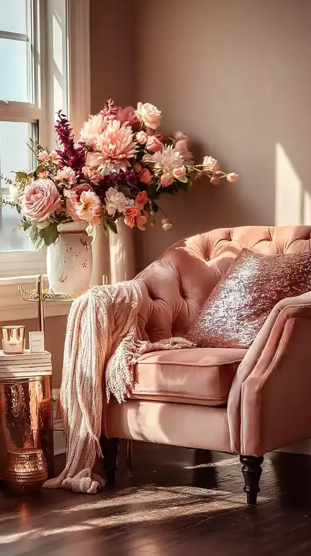 A peaceful living room corner with a velvet blush chair, soft knit throw, fresh flowers in a ceramic vase, and a sunbeam washing across the hardwood floor