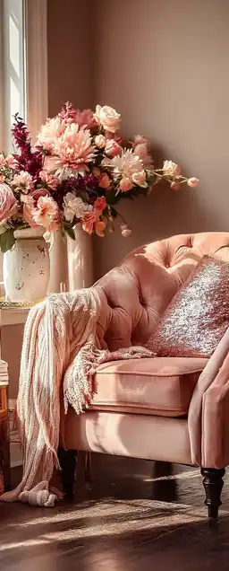 A peaceful living room corner with a velvet blush chair, soft knit throw, fresh flowers in a ceramic vase, and a sunbeam washing across the hardwood floor