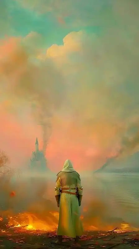 A shadowy warrior standing at the edge of a burning battlefield, embers floating around him, smoke curling in the air, low orange glow lighting the edges of his armor, distant ruined castle visible through haze