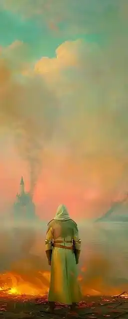 A shadowy warrior standing at the edge of a burning battlefield, embers floating around him, smoke curling in the air, low orange glow lighting the edges of his armor, distant ruined castle visible through haze