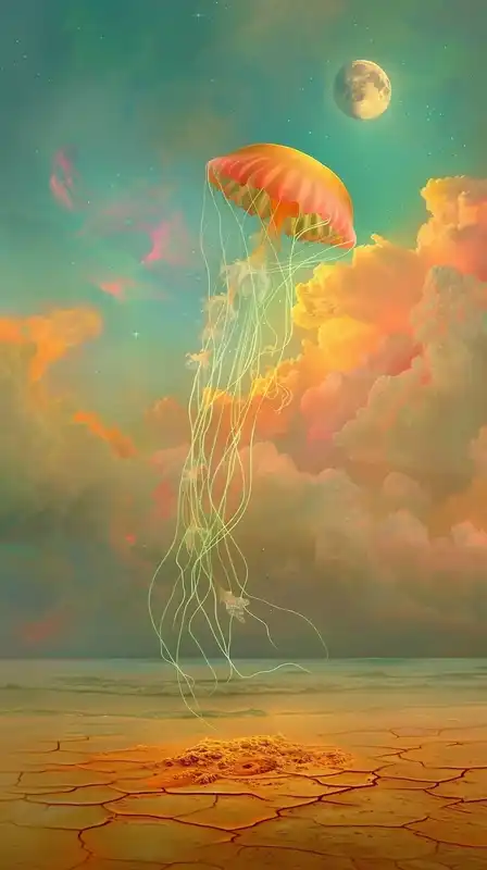 A mystical jellyfish-like creature floating in mid-air over a desert, soft luminescent tendrils trailing behind, cracked sand below reflecting alien colors, dusk sky filled with twin moons and swirling clouds
