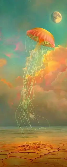 A mystical jellyfish-like creature floating in mid-air over a desert, soft luminescent tendrils trailing behind, cracked sand below reflecting alien colors, dusk sky filled with twin moons and swirling clouds
