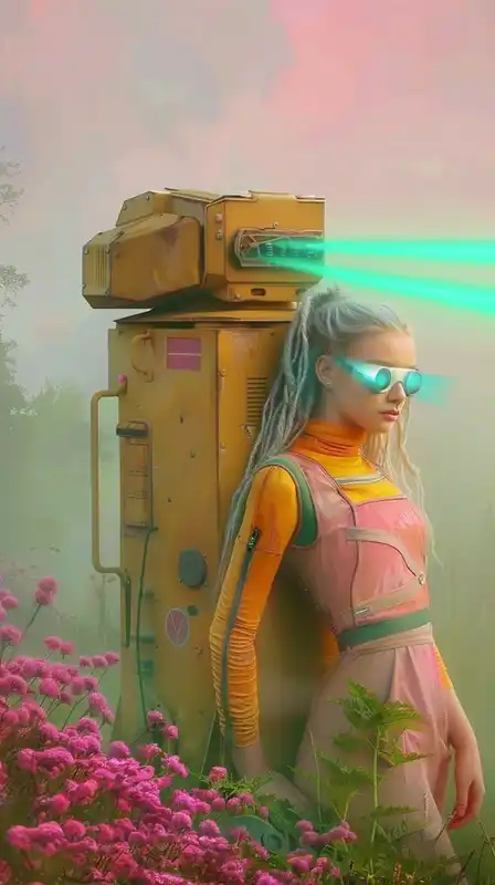 Portrait of a cyberpunk rebel woman with glowing blue eye implants and silver dreadlocks, leaning against a rusted mech in an overgrown scrapyard, fog rolling in with bright green laser beams behind her