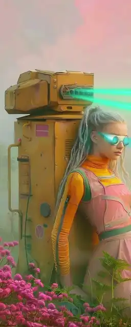 Portrait of a cyberpunk rebel woman with glowing blue eye implants and silver dreadlocks, leaning against a rusted mech in an overgrown scrapyard, fog rolling in with bright green laser beams behind her