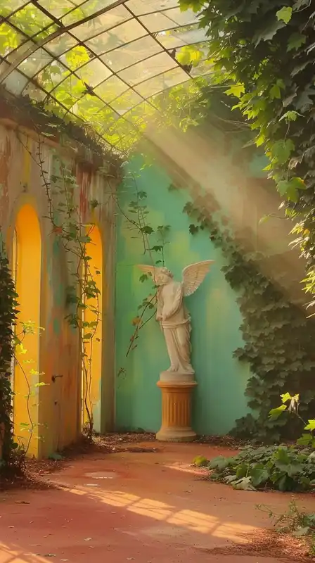A marble angel statue slowly being taken over by vines, placed in the middle of an abandoned greenhouse, broken glass panels above filtering sunlight into dusty shafts of gold and green