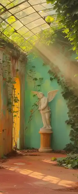 A marble angel statue slowly being taken over by vines, placed in the middle of an abandoned greenhouse, broken glass panels above filtering sunlight into dusty shafts of gold and green