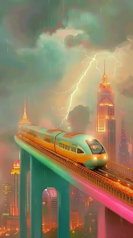 A futuristic monorail gliding through a thunderstorm above a neon-drenched city, lightning captured mid-strike in the background, reflections warping in the train’s sleek mirrored surface