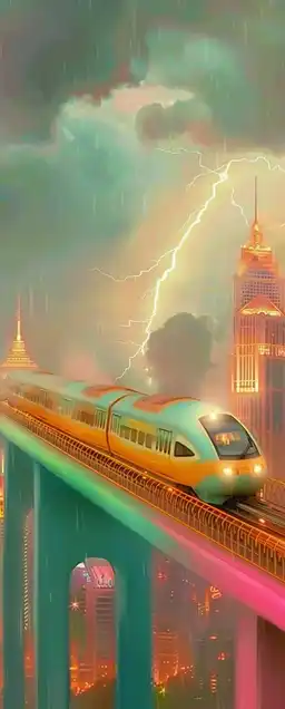 A futuristic monorail gliding through a thunderstorm above a neon-drenched city, lightning captured mid-strike in the background, reflections warping in the train’s sleek mirrored surface