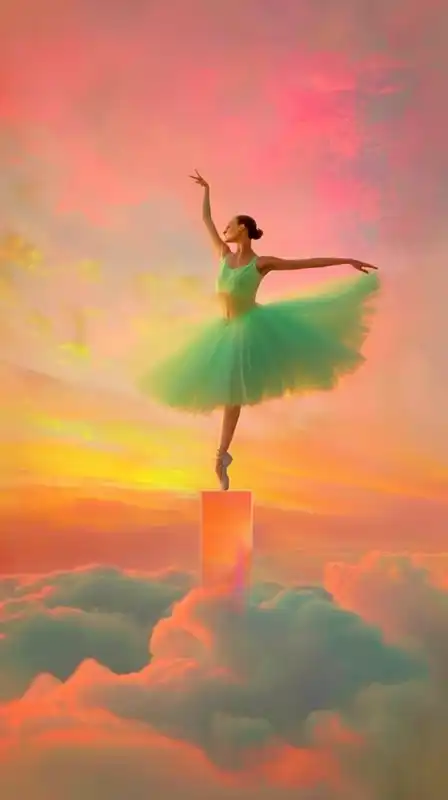 A ballerina frozen mid-pose atop a floating glass platform, above a sea of clouds during sunrise, long shadow stretching out across pink and gold mist, fabric of her dress flowing like smoke