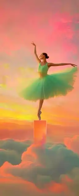A ballerina frozen mid-pose atop a floating glass platform, above a sea of clouds during sunrise, long shadow stretching out across pink and gold mist, fabric of her dress flowing like smoke
