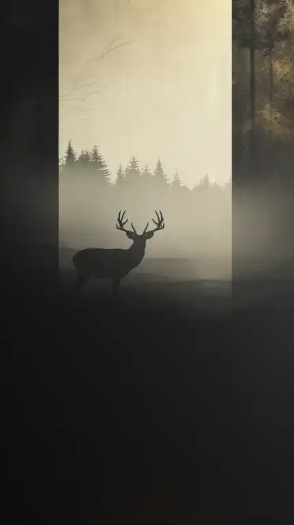 silhuette of an dee standing in the foggy forrest