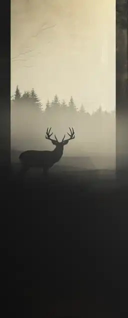 silhuette of an dee standing in the foggy forrest