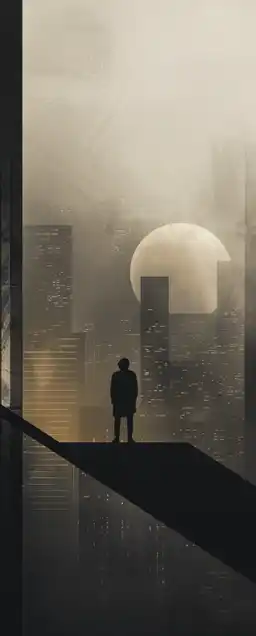 a young cyberpunk standing on a skyscraper roof overlooking the skyline