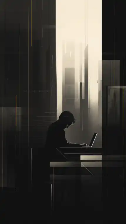 a hacker sitting in his hideout on his laptop, the room is filled with computers and screens