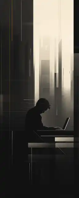 a hacker sitting in his hideout on his laptop, the room is filled with computers and screens