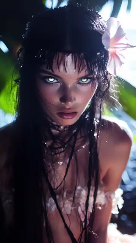 close up fashion shoot of a hawaiian princess with bright green eyes